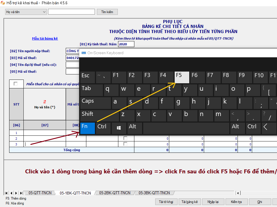 Thêm dòng trên HTKK bằng bàn phím ảo On -Screen Keyboard